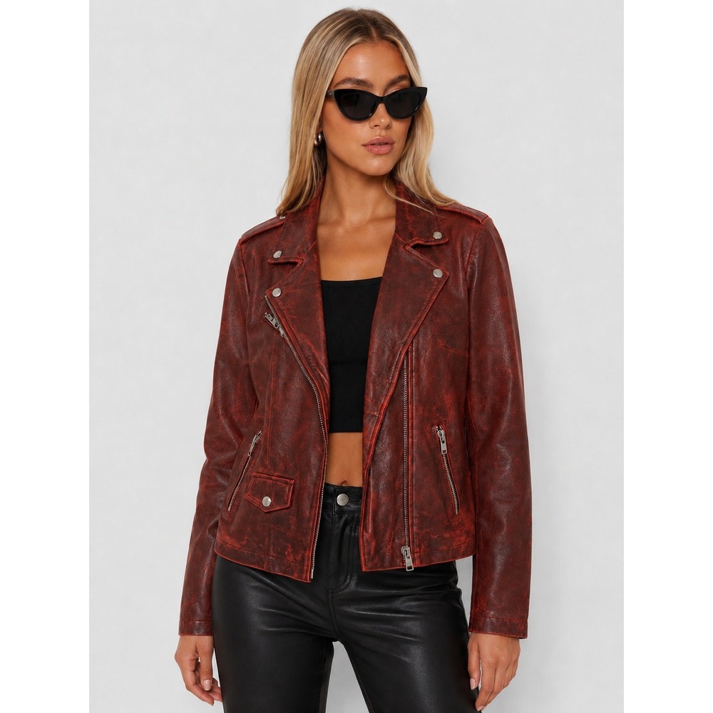 Cigno Nero Genuine Leather Distressed Burgundy Red Moto Biker Jacket 38 XS